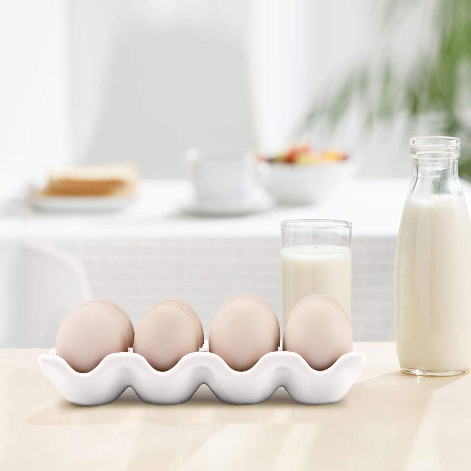 Flexzion Bandeja de cerámica para huevos de 12 tazas, docena entera de porcelana para huevos, organizador de almacenamiento, soporte decorativo para