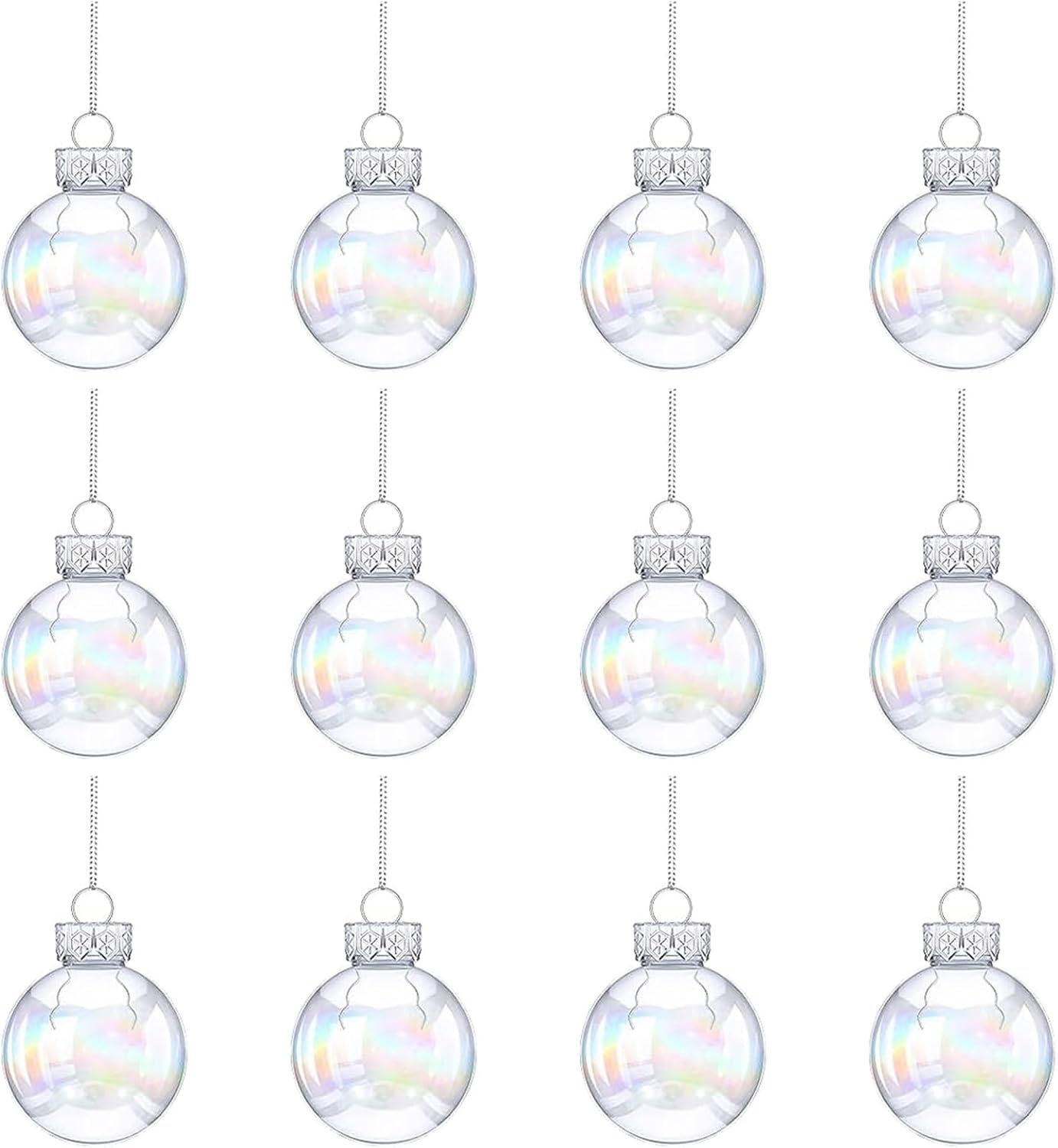 12 adornos de bolas de Navidad iridiscentes, bolas de adorno rellenables de plástico transparente de 2.36 pulgadas, bolas colgantes rellenables para