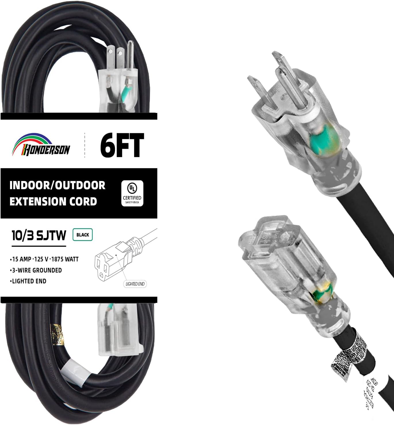 Cable de extensión iluminado para exteriores de 6 pies, cable de extensión negro resistente SJTW 103 con enchufe de conexión a tierra de 3 clavijas