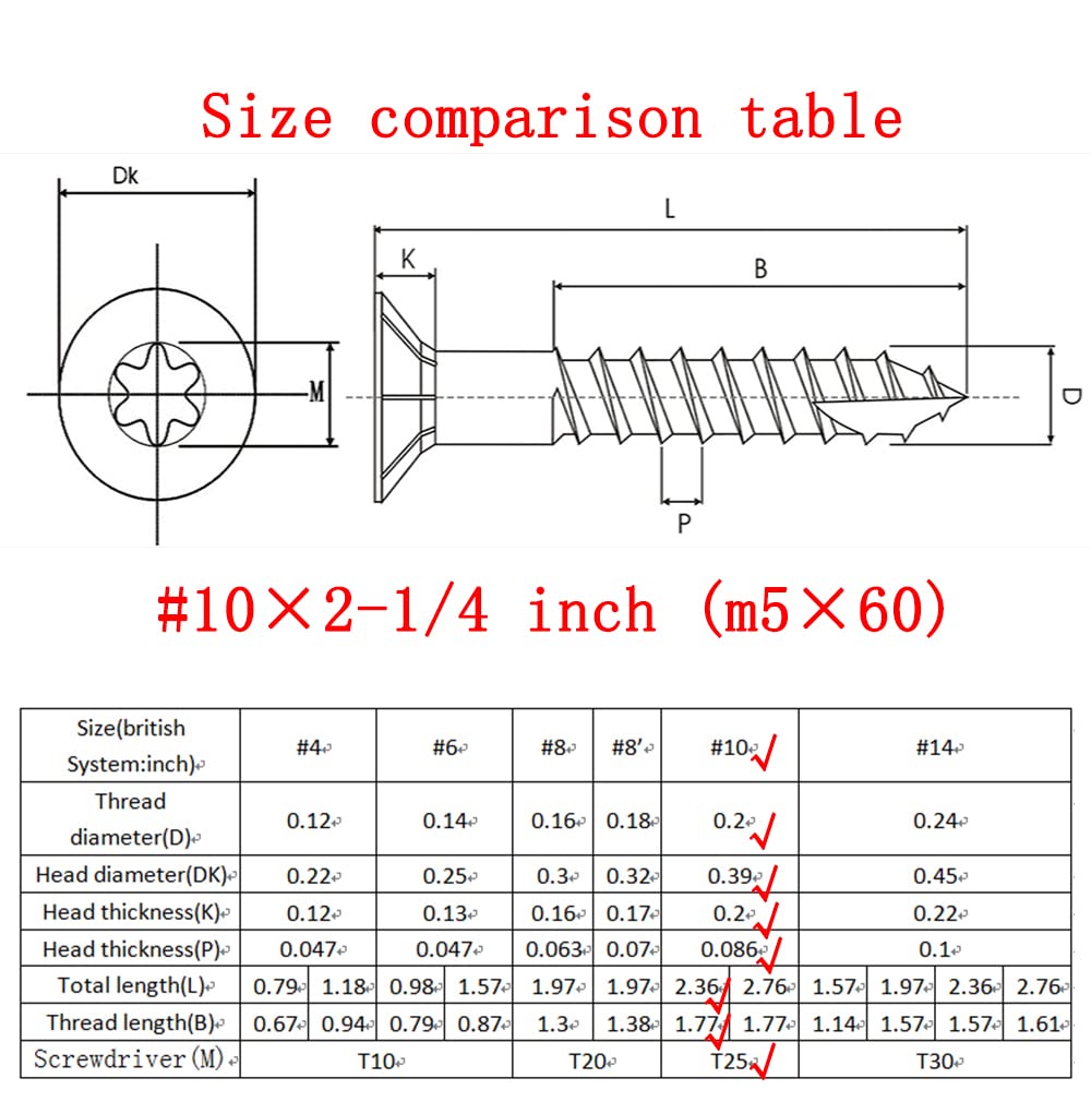Tornillos para madera #10 × Tornillos Torx Star Drive de 2-14 pulgadas, cabeza plana, M5 × 60 avellanados T25, corte de rosca autorroscante, acero