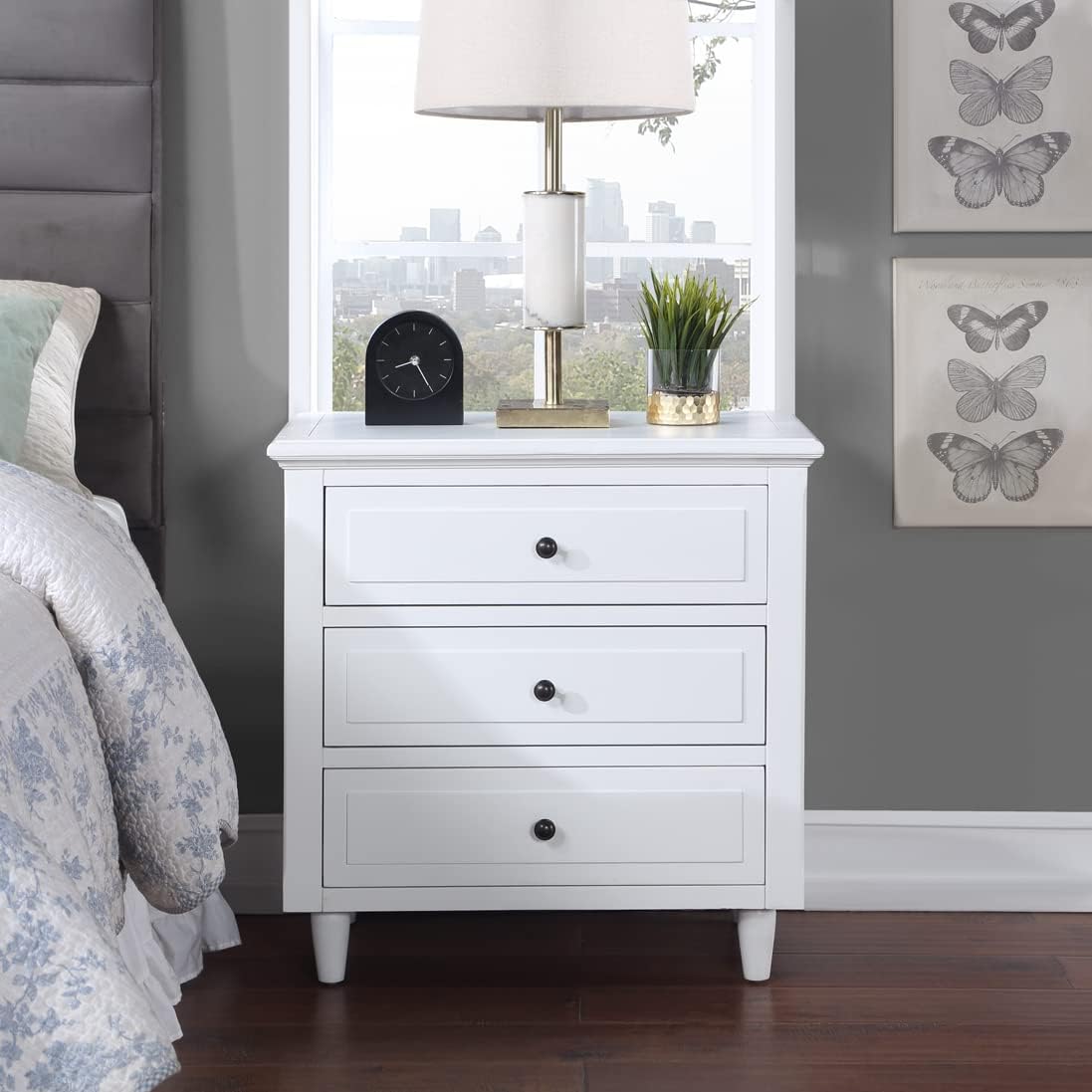 ARCLIS Mesita de noche con 3 cajones, moderna mesa auxiliar de madera, mesita de noche para dormitorio, sala de estar