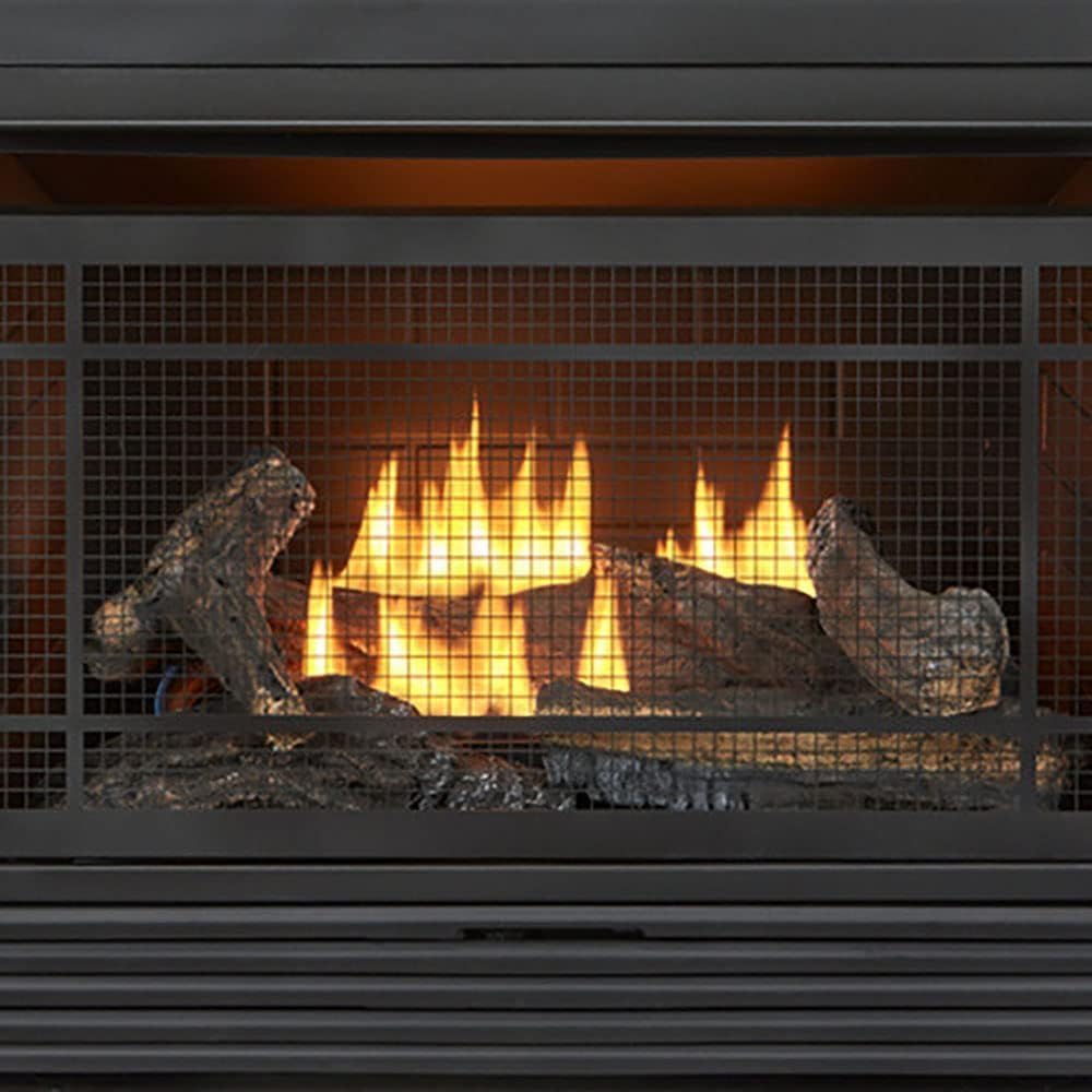 Duluth Forge Sistema de chimenea de gas sin ventilación de combustible dual con manto, control de termostato, 5 troncos de fuego, uso con gas