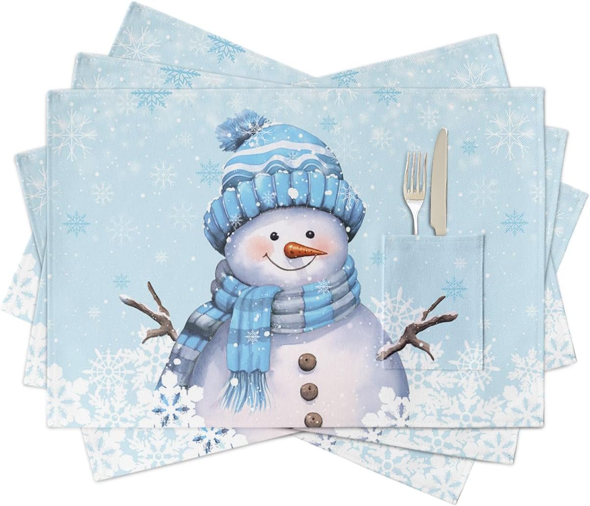 Juego de 4 manteles individuales con diseño de muñeco de nieve, tejido lavable y lavable con bolsillo, mantel de mesa de tela navideña para fiestas,