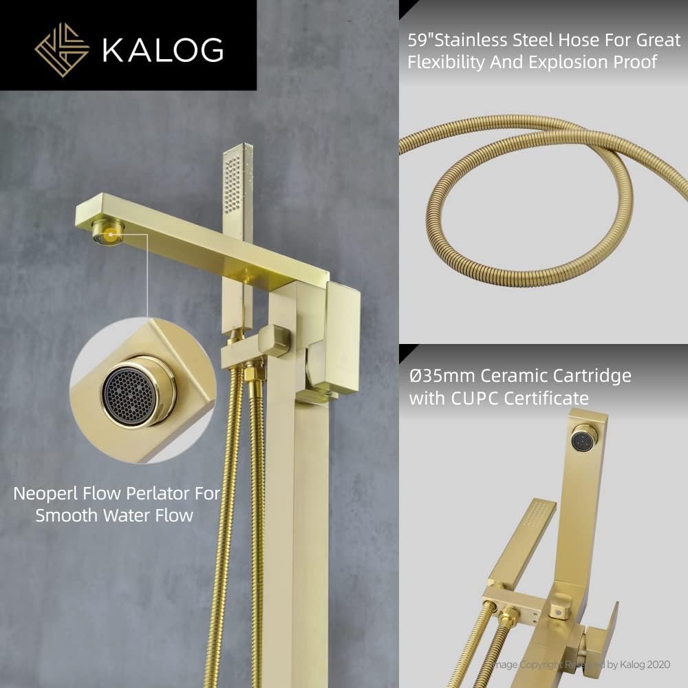 Kalog Grifo de bañera independiente de una sola manija con ducha cuadrada de mano (dorado cepillado)