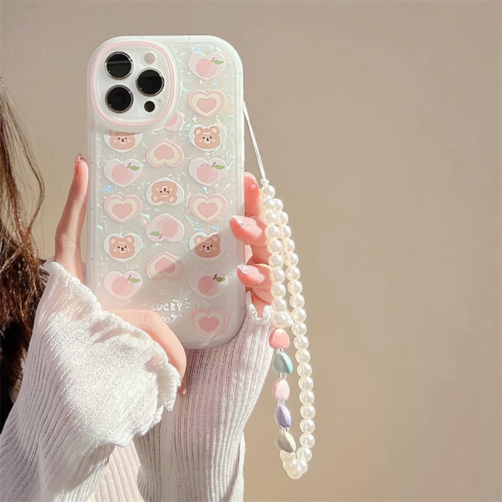 Fycyko Funda compatible con iPhone 15 Pro Max con cadena, bonita funda estética con diseño de corazón y oso con dije de perla para iPhone 15 Pro Max