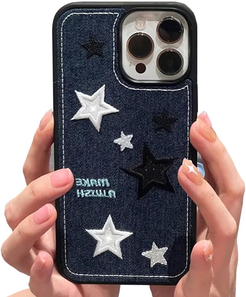 Casechics Funda compatible con iPhone, funda de silicona con bordado de tela vaquera fresca, protección para lente de cámara, suave a prueba de