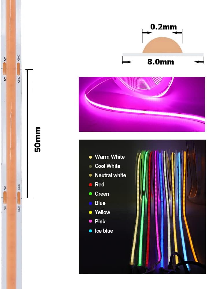Wisada Tira de luz LED COB azul de 16.4 ft, DC 5 V 320 LEDsM de alto brillo para uso en interiores, IP21, no impermeable, flexible, para