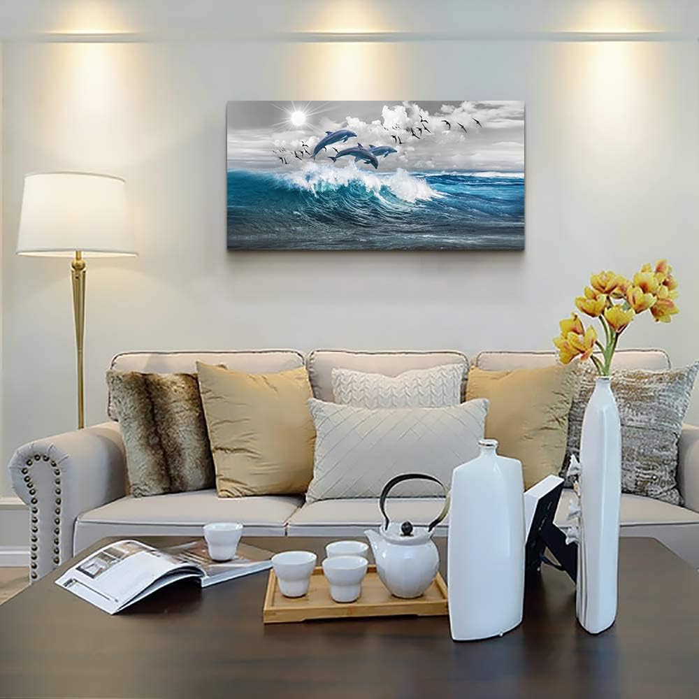 Decoración de pared para sala de estar, lienzo de gran tamaño, arte de pared para dormitorio, olas azules del mar, ilustraciones de pared, arte