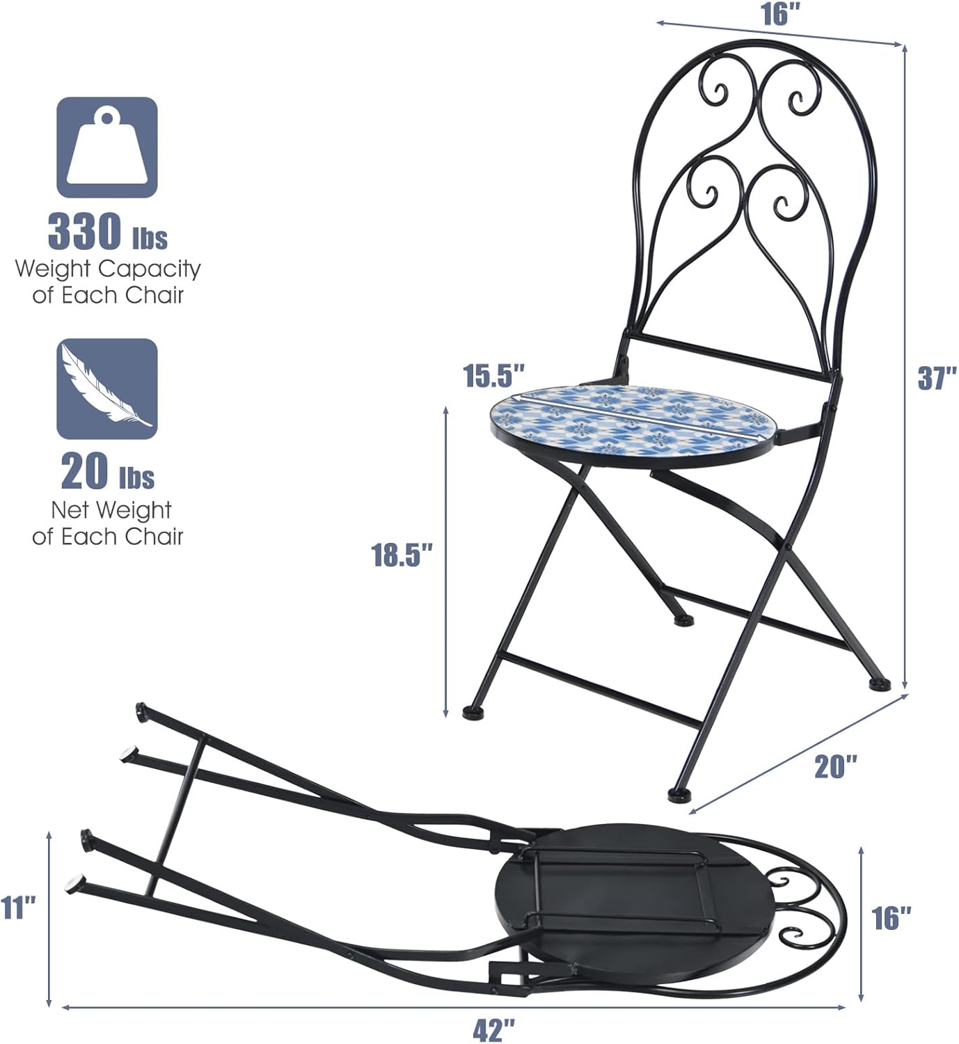 Giantex 2 sillas plegables de bistró, sillas de patio de mosaico con asiento de azulejos de cerámica y exquisito patrón floral, sillas de comedor al