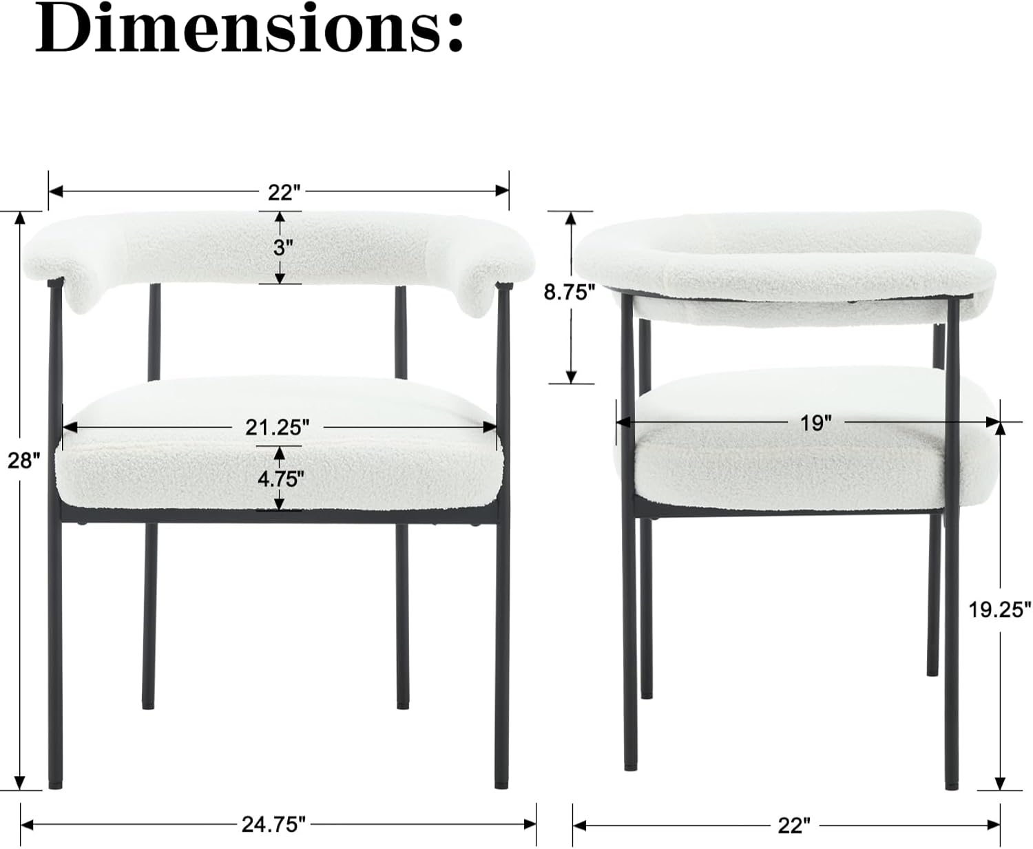 LukeAlon Juego de 2 sillas de comedor Sherpa, sillas de cocina tapizadas con respaldo abierto con patas de metal negro, respaldo curvado, sillas de