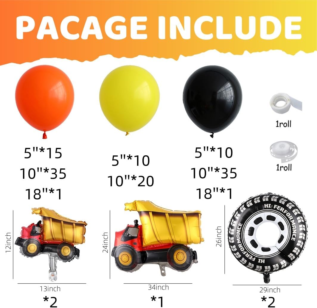 Kit de arco de guirnalda de globos de construcción de 134 piezas, globos de aluminio de rueda grande de camión, globos de aluminio negro, amarillo y