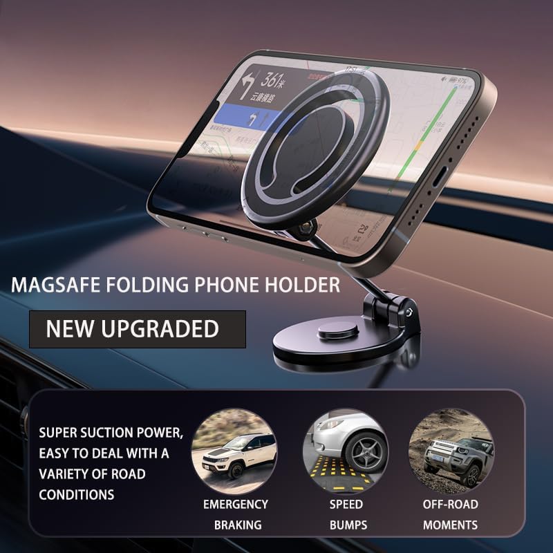 Compatible con soporte MagSafe, fuerte soporte magnético para teléfono para tablero de automóvil, soporte magnético plegable de aleación compatible
