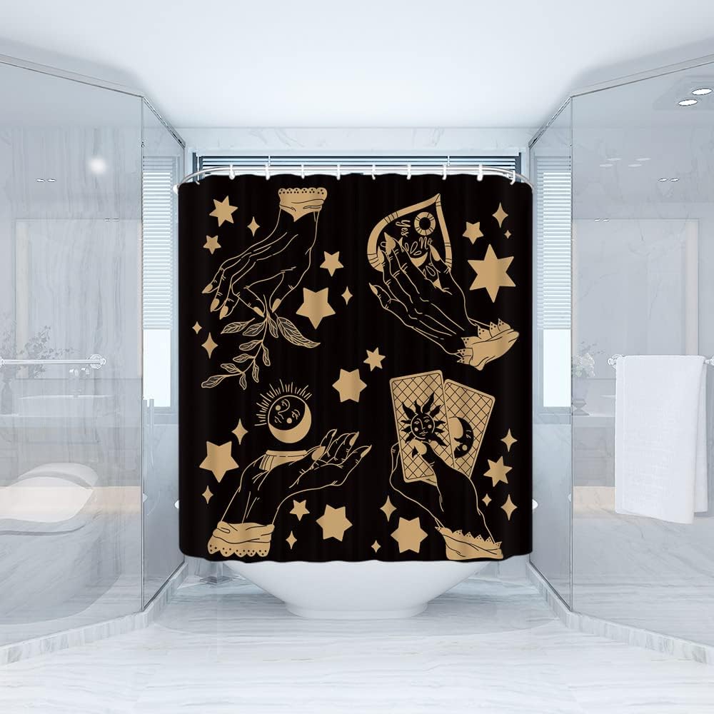 GCTNBJL Cortina de ducha de bruja, quiromancia, espeluznante, tablero de Ouija, sol, luna, hojas de mano, estrella, bohemio, tarot mágico, brujería,