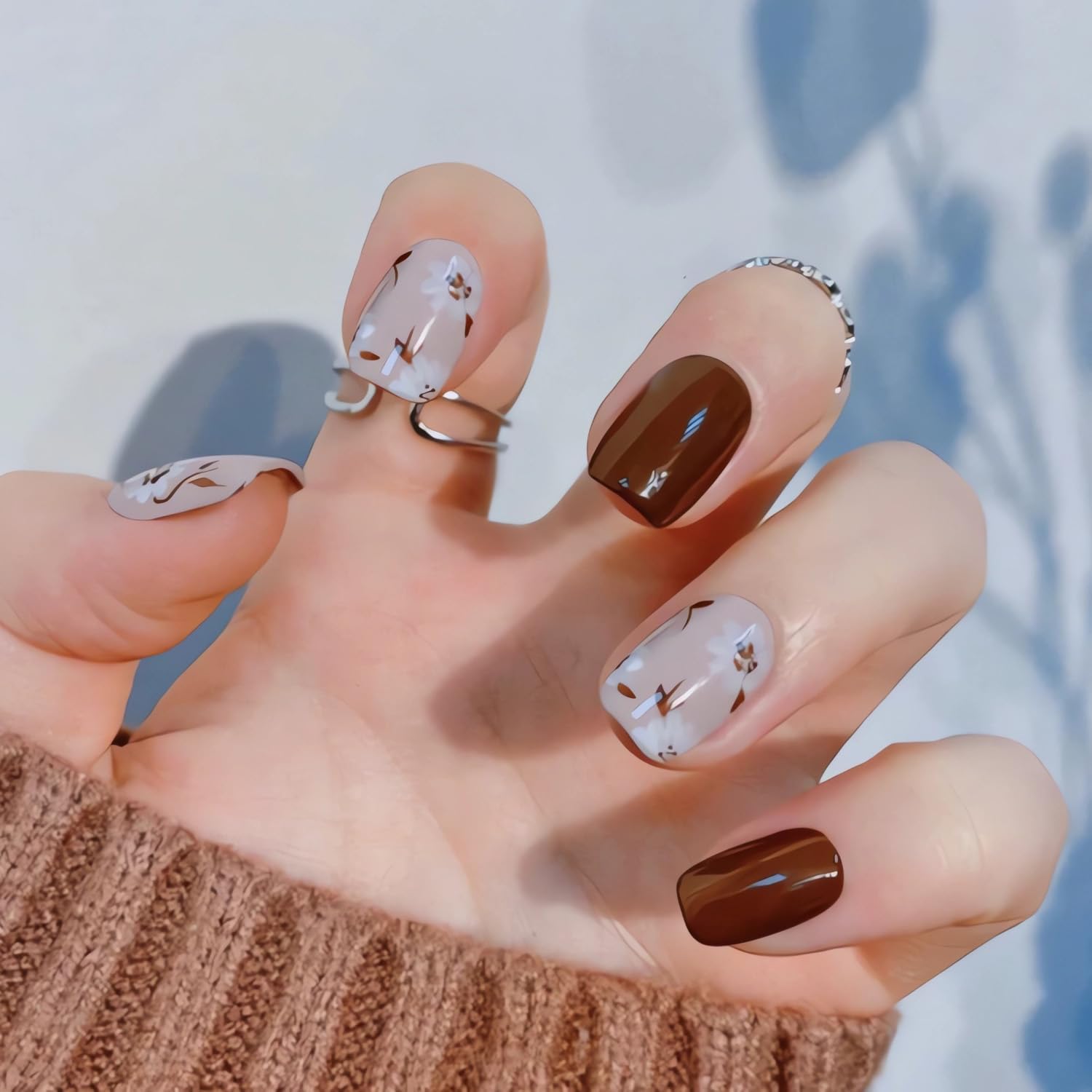 Uñas postizas medianas a presión, uñas postizas a presión con forma cuadrada, uñas postizas de color rojo vino brillante, uñas adhesivas