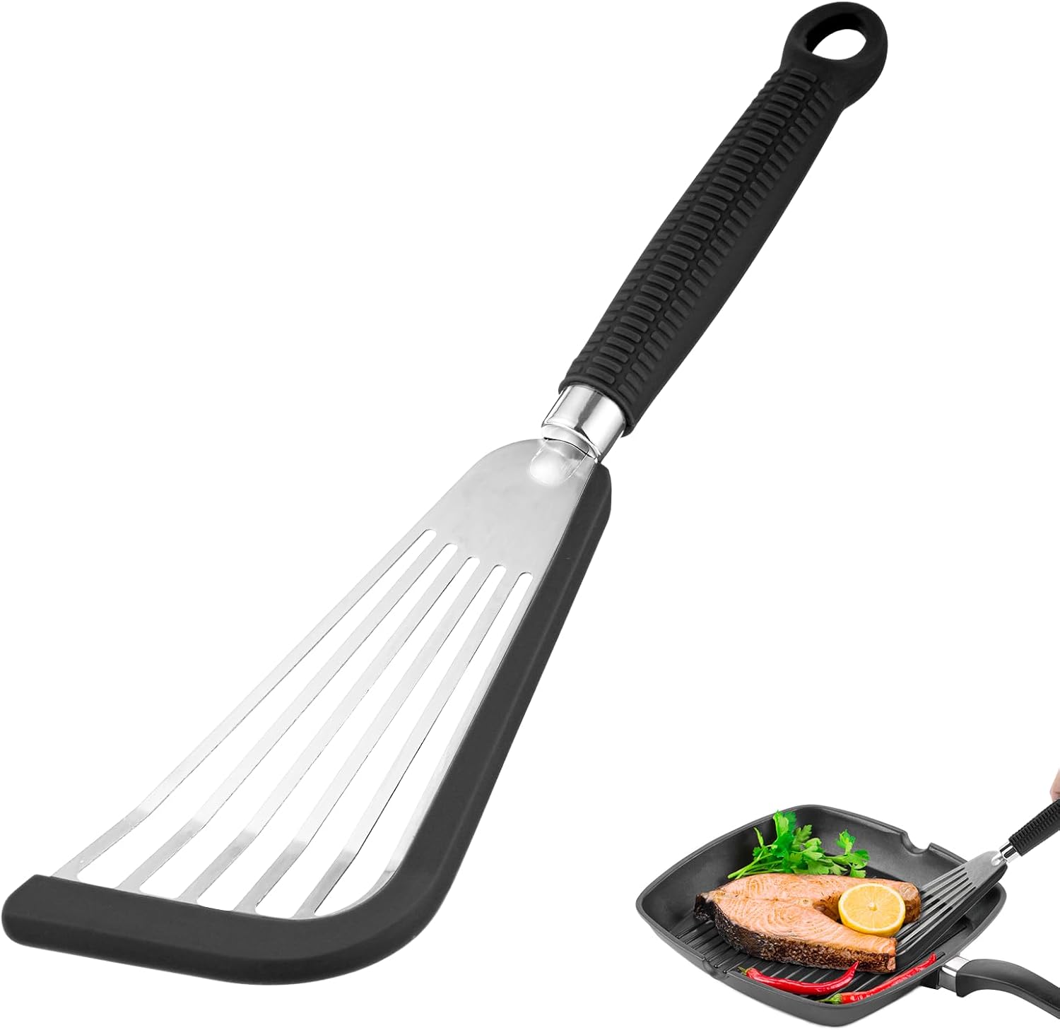Espátula de pescado de acero inoxidable con borde de silicona, espátula de pescado de 13 pulgadas para utensilios de cocina antiadherentes, espátula