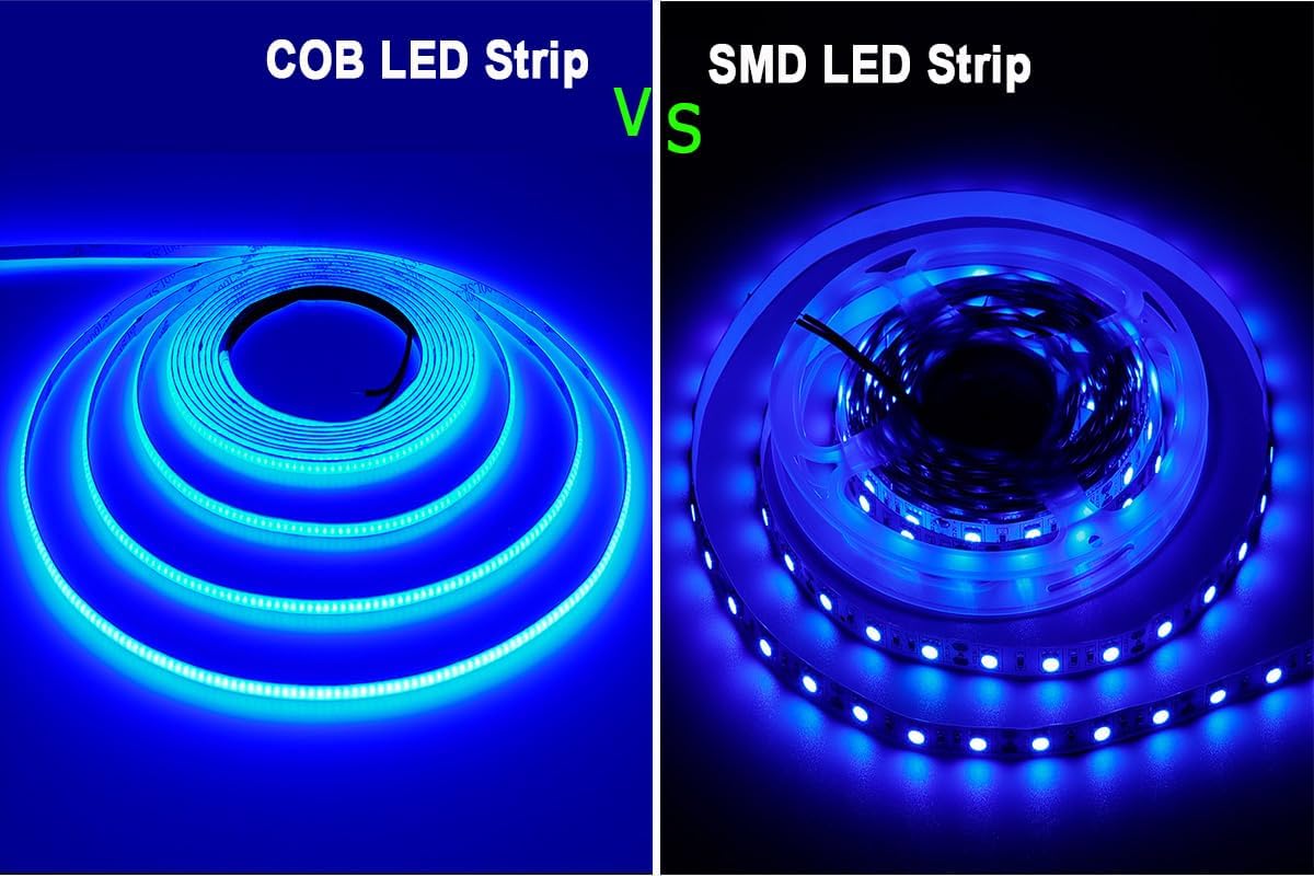 TOPAI Tira de luces LED COB de 12 V, azul, estrecha, 0.118 in de ancho, súper fina, cinta LED de 16.4 pies, sin puntos, 384 LEDsM, de alta densidad,