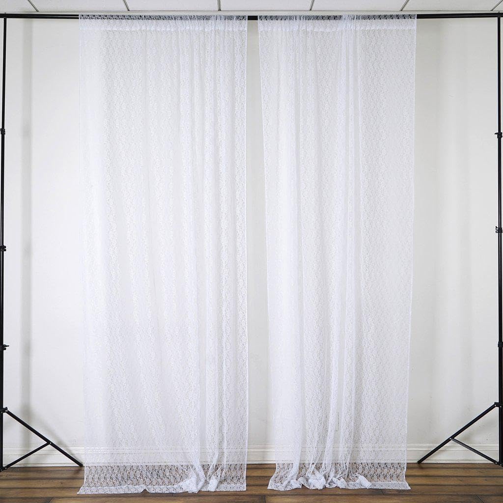 Efavormart – Paquete de 2 cortinas transparentes de encaje floral ignífugas blancas de 5 x 10 pies con bolsillos para barra