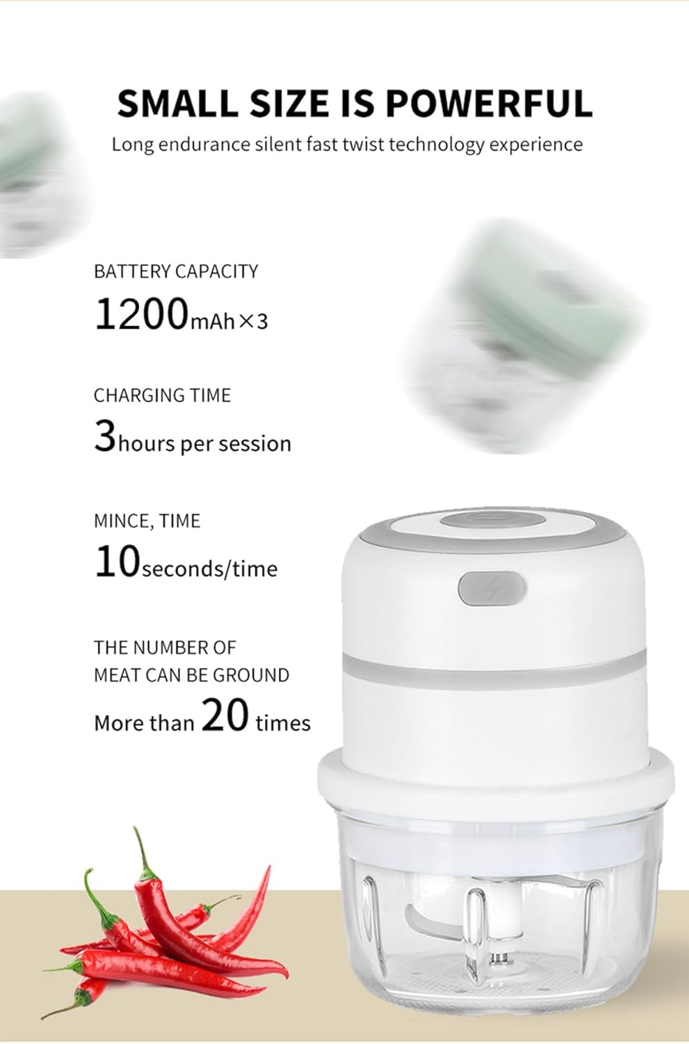 Batidor de ajo multifuncional de vidrio de 10.1 fl oz – Picador eléctrico ligero para trabajos pequeños (verde)