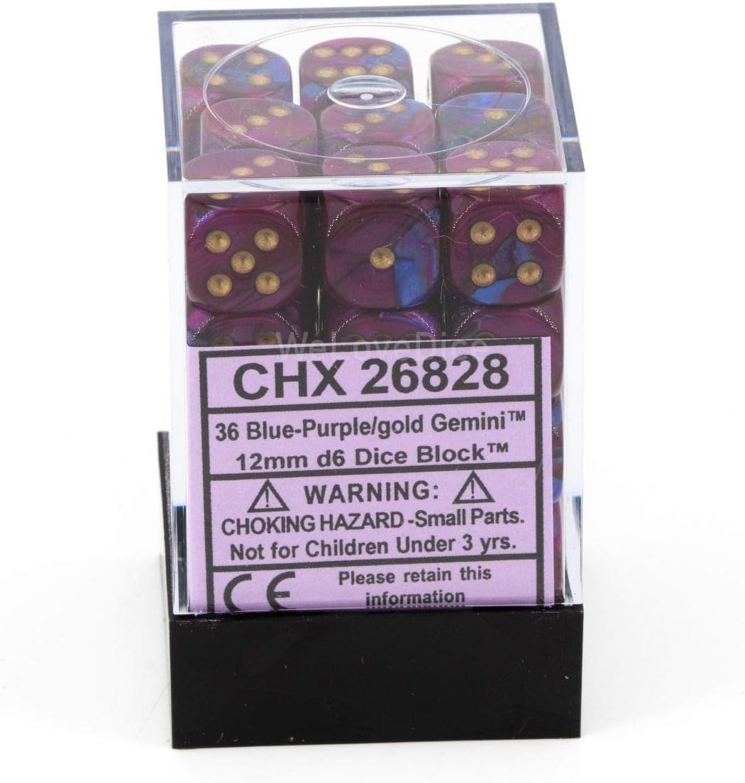 Chessex Gemini – Dados de 6 caras, color azul y morado con pipas doradas, tamaño 0.472 in, bloque de dados de 36