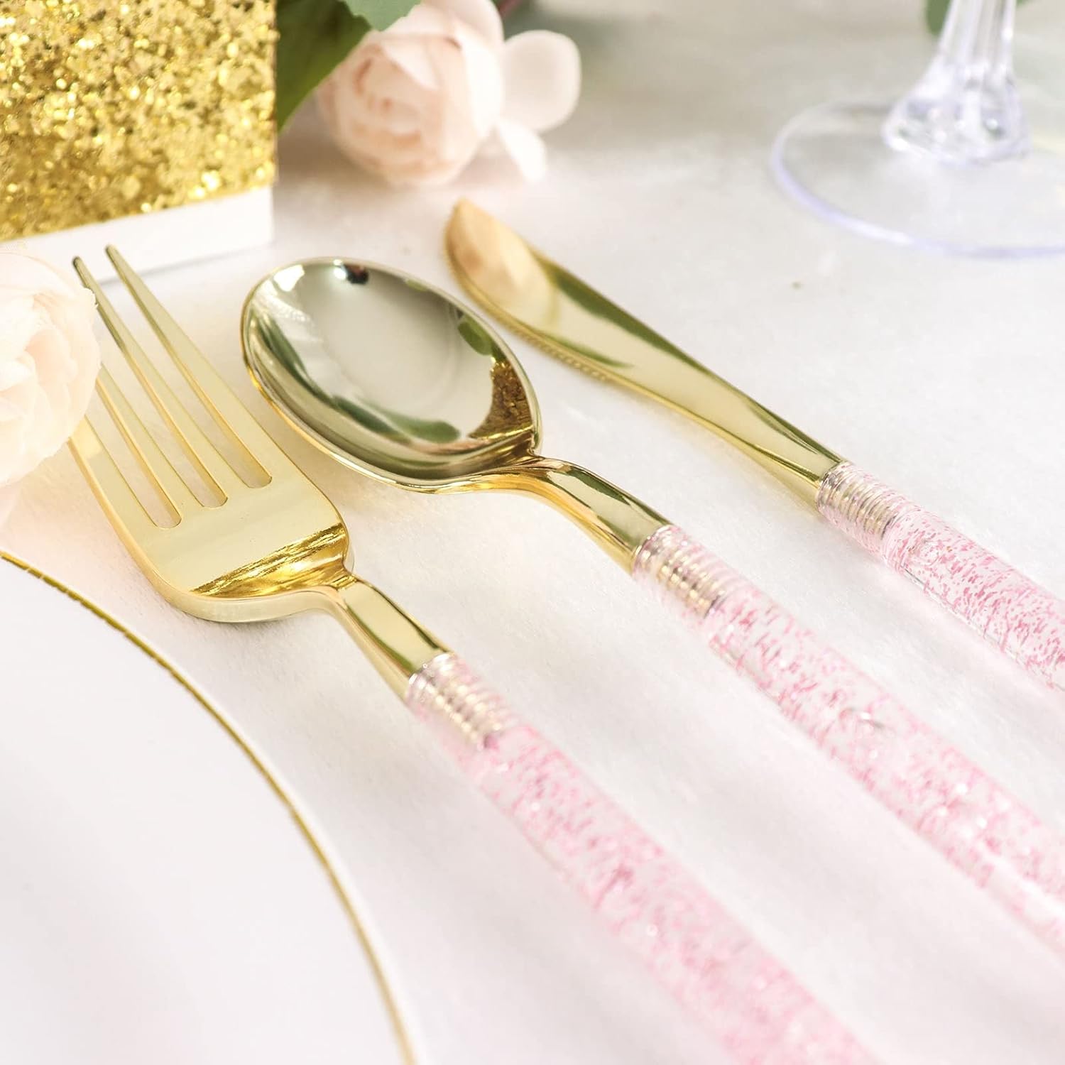 Efavormart – Juego de cubiertos desechables de 8 pulgadas, color oro rosa con purpurina, cubiertos de plástico para bodas, eventos y banquetes