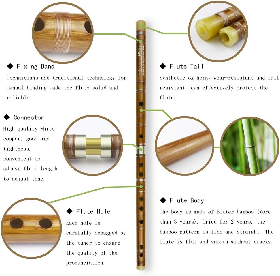 Flauta Dizi (clave de C, D, E, F, G), de bambú amargo, negra, para principiantes y profesionales, con juego de membrana, pegamento y protector. Este