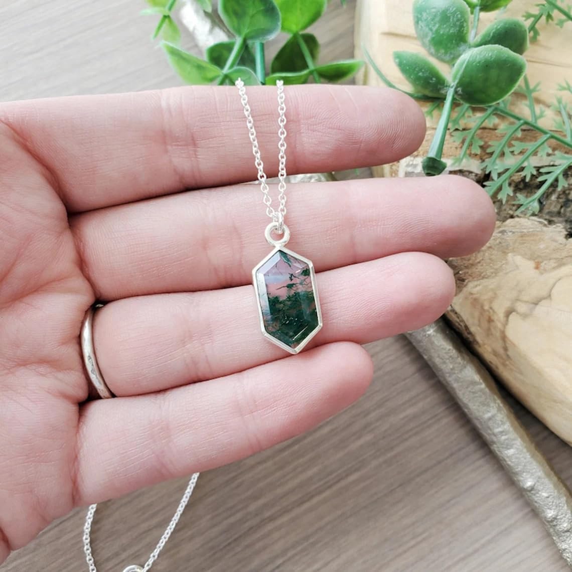 AAA Natural Moss Agate Pendant Necklace, Long Hexagon Moss Agate Pendant, Unique Gemstone Jewelry, Nature Inspired, Green Agate Necklace, Christmas