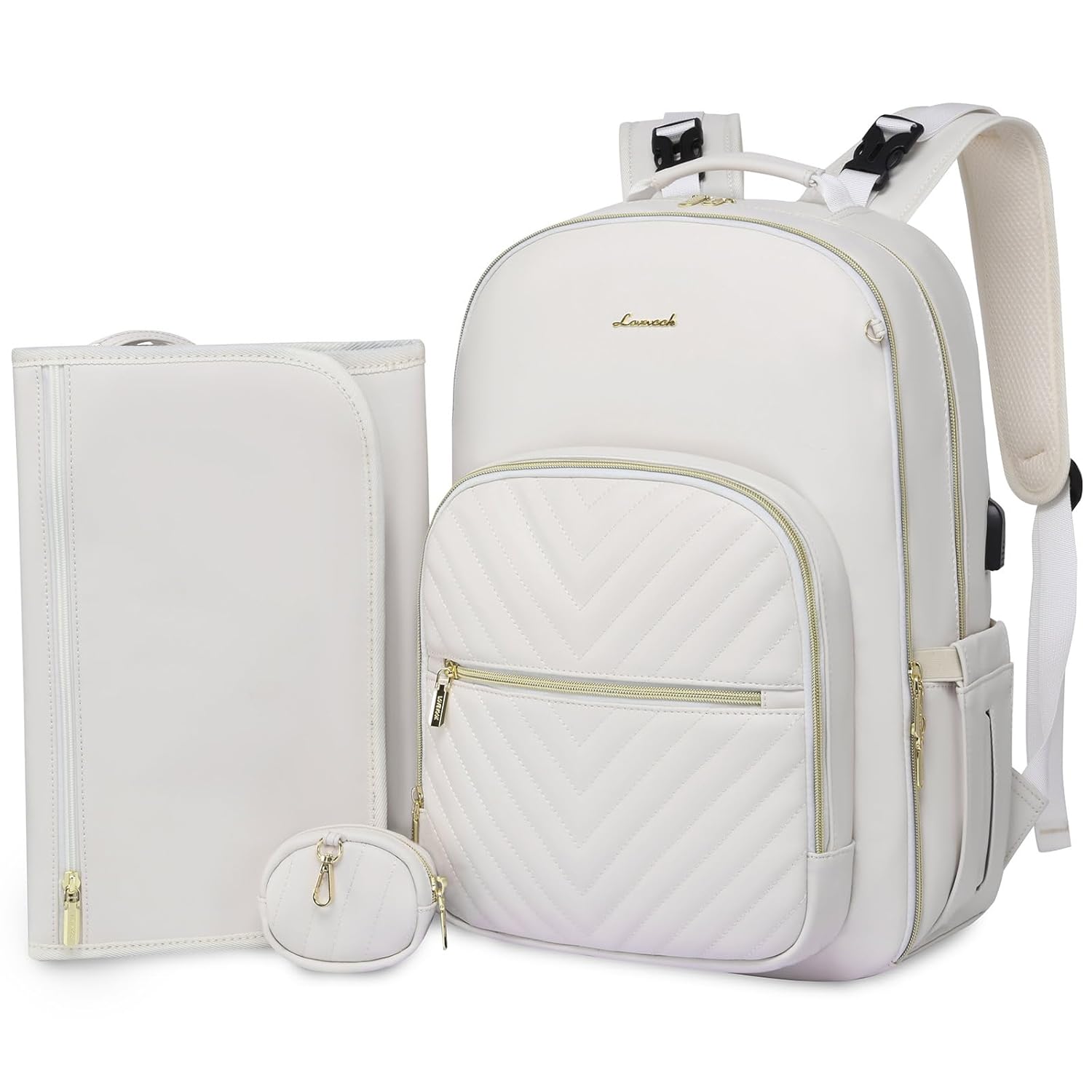LOVEVOOK Mochila de cuero para pañales, bolsa de bebé acolchada con cambiador y soporte para chupete, bolsas de pañales de viaje impermeables con