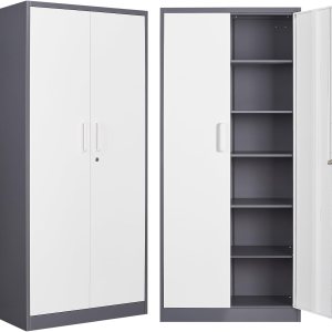 Armarios de almacenamiento de metal con cerradura, gabinete de almacenamiento de garaje de 71 pulgadas con 2 puertas y 4 estantes ajustables, Armarios de almacenamiento de metal con cerradura, gabinete de almacenamiento de garaje de 71 pulgadas con 2 puertas y 4 estantes ajustables,