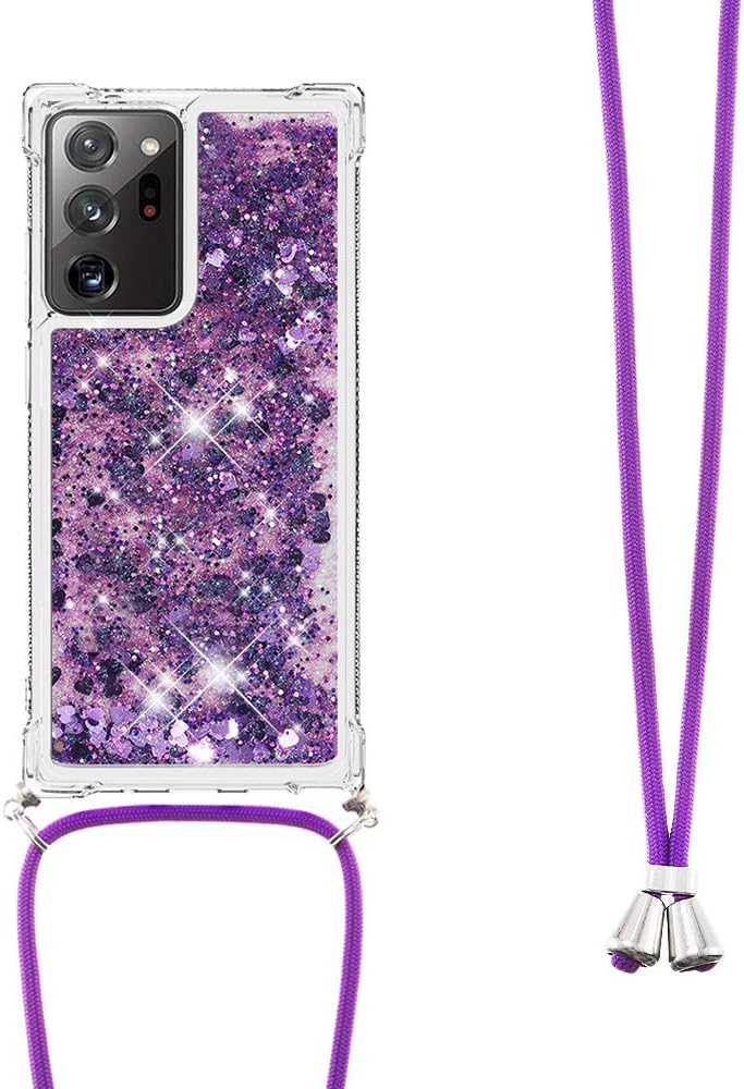 Asuwish Funda para teléfono Samsung Galaxy Note 20 Ultra 5G con correa cruzada, con purpurina líquida, transparente, delgada, funda protectora para