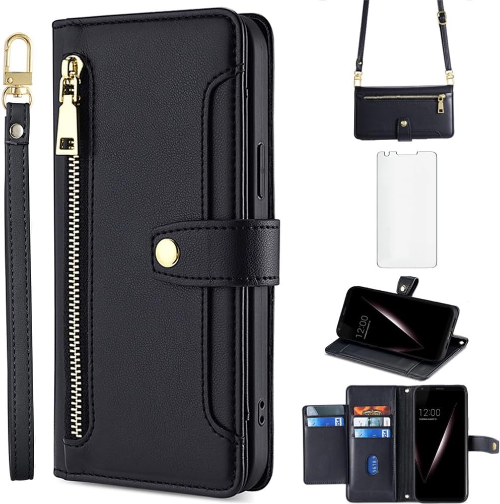 Asuwish Funda de teléfono para LG V35 ThinQ V30 Plus Funda para billetera y protector de pantalla con cremallera Soporte para tarjeta de crédito