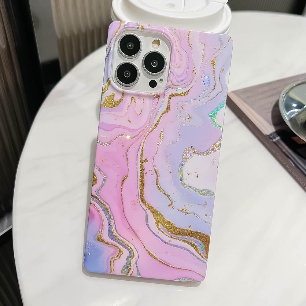 KERZZIL Funda de lujo con diseño de mármol con purpurina para iPhone 12 Pro Max, con borde cuadrado, elegante y delgado, chapado en oro, goma de