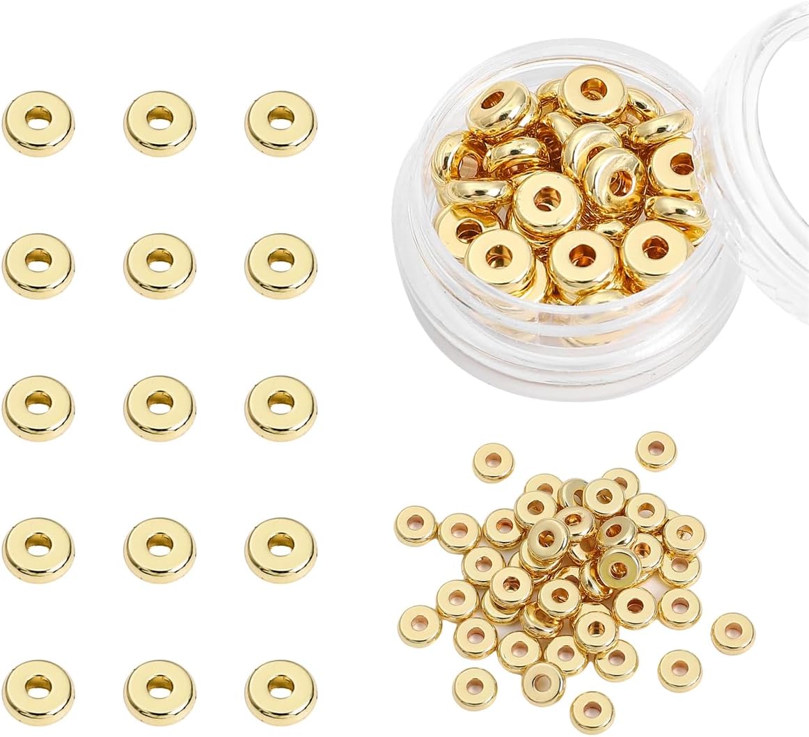 Cuentas espaciadoras de disco chapadas en oro de 14 quilates de 0.236 x 0.079 in, 50 unidades para hacer joyas, no se deslustran