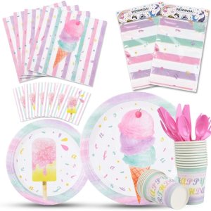 Juego de suministros para fiesta de helados Vajilla de fiesta de paletas de helado para niñas, niños, cumpleaños, baby shower, mantel desechable, Juego de suministros para fiesta de helados Vajilla de fiesta de paletas de helado para niñas, niños, cumpleaños, baby shower, mantel desechable,