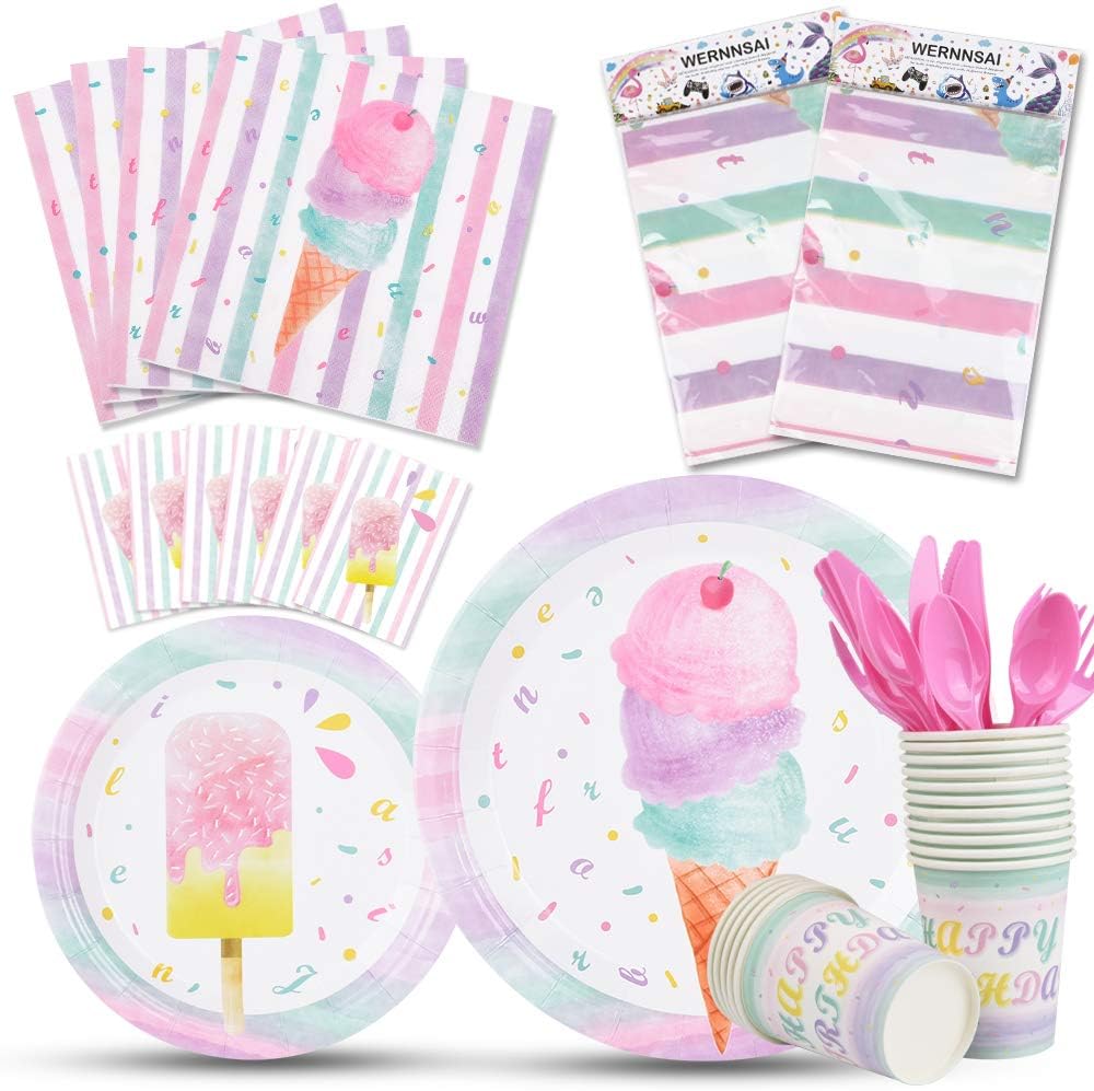 Juego de suministros para fiesta de helados  Vajilla de fiesta de paletas de helado para niñas, niños, cumpleaños, baby shower, mantel desechable,
