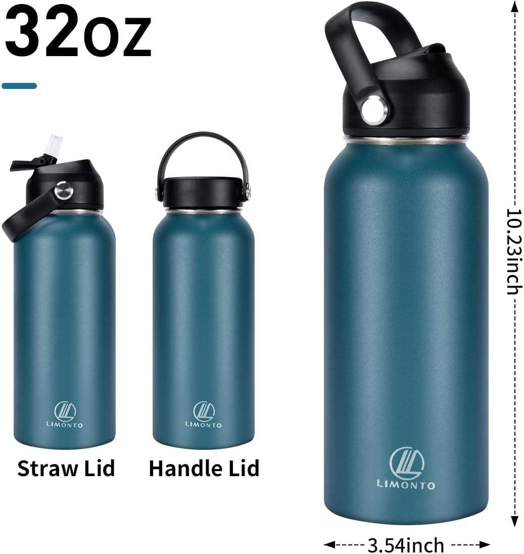 Botella de agua aislada de 32 onzas con tapa de popote (2 tapas), botella de agua deportiva de acero inoxidable Vacumm de doble pared, taza térmica