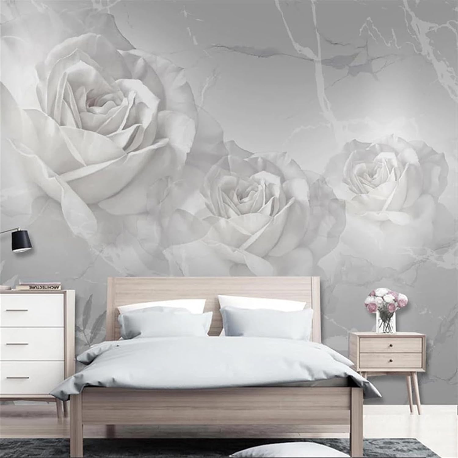 Calcomanías de pared 3D modernas de mármol blanco, calcomanías de pared de rosas, murales de pared extraíbles, decoración de pared para despegar y