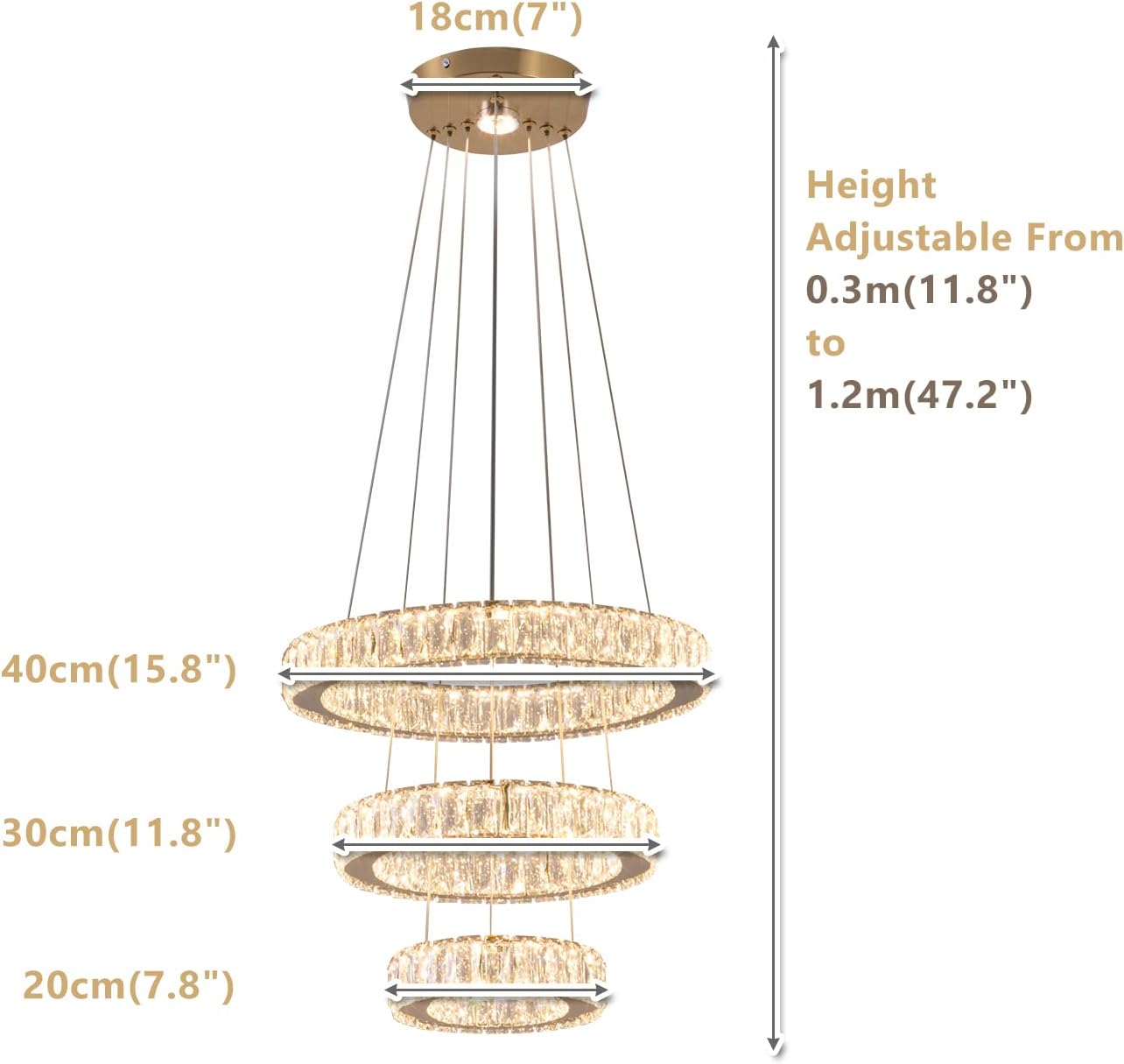FRIXCHUR Candelabro LED de 3 anillos, modernos candelabros de cristal, luces colgantes ajustables, luces de techo doradas para dormitorio, comedor