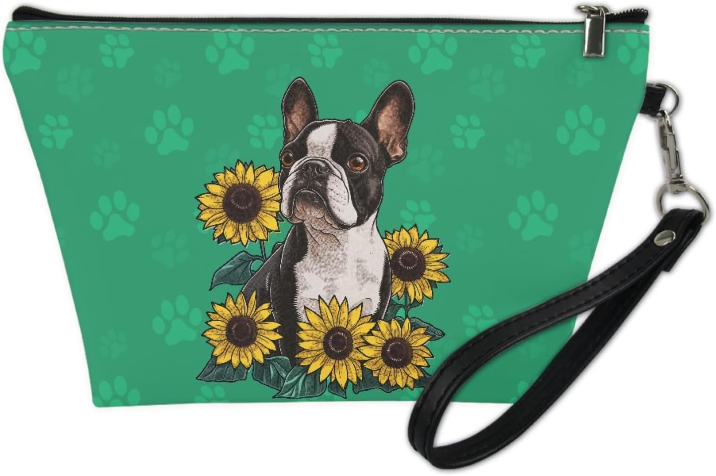 AFPANQZ Boston Terrier Bolsa de maquillaje con cremallera Bolsa de cosméticos de piel sintética para mujer con correa extraíble Neceser Tren Bolsa