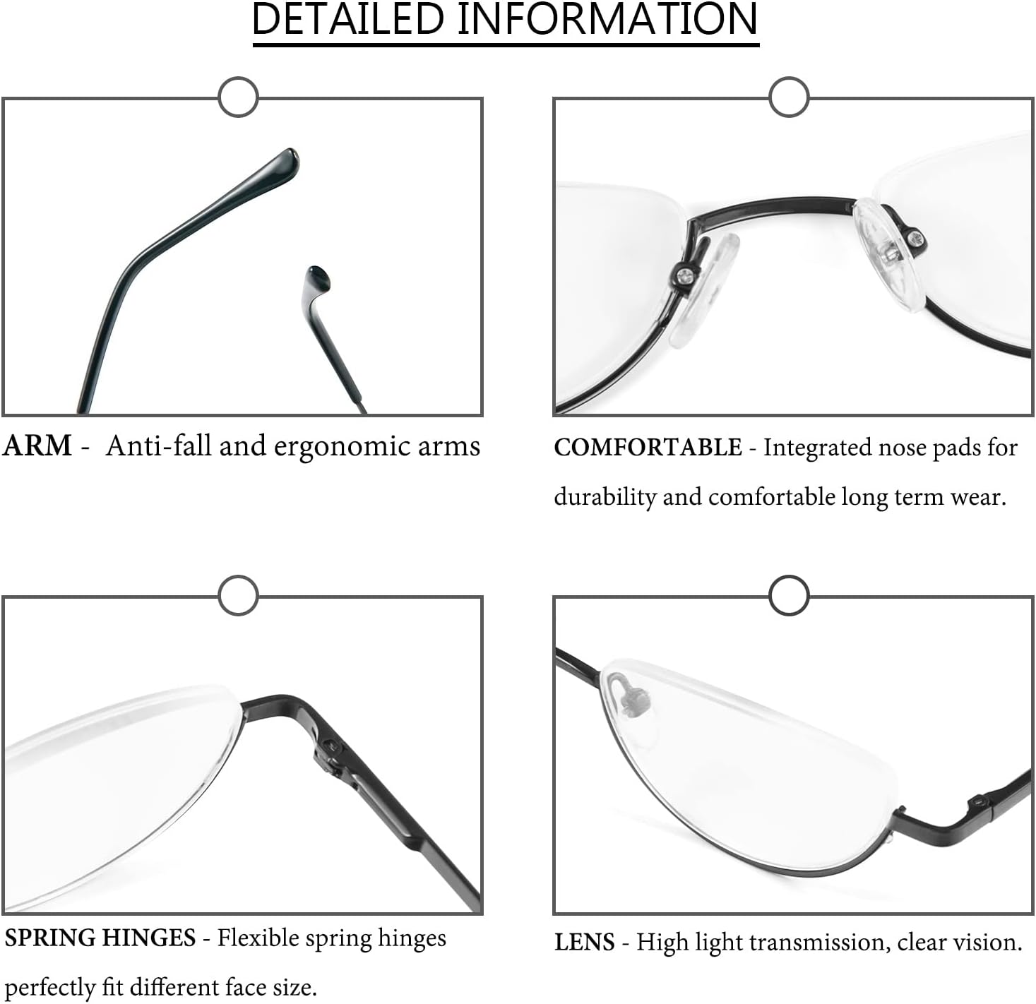 REAVEE Paquete de 4 lentes de lectura retro de aleación de media luna, para mujeres y hombres, medio marco, bisagra de resorte, elegante lector