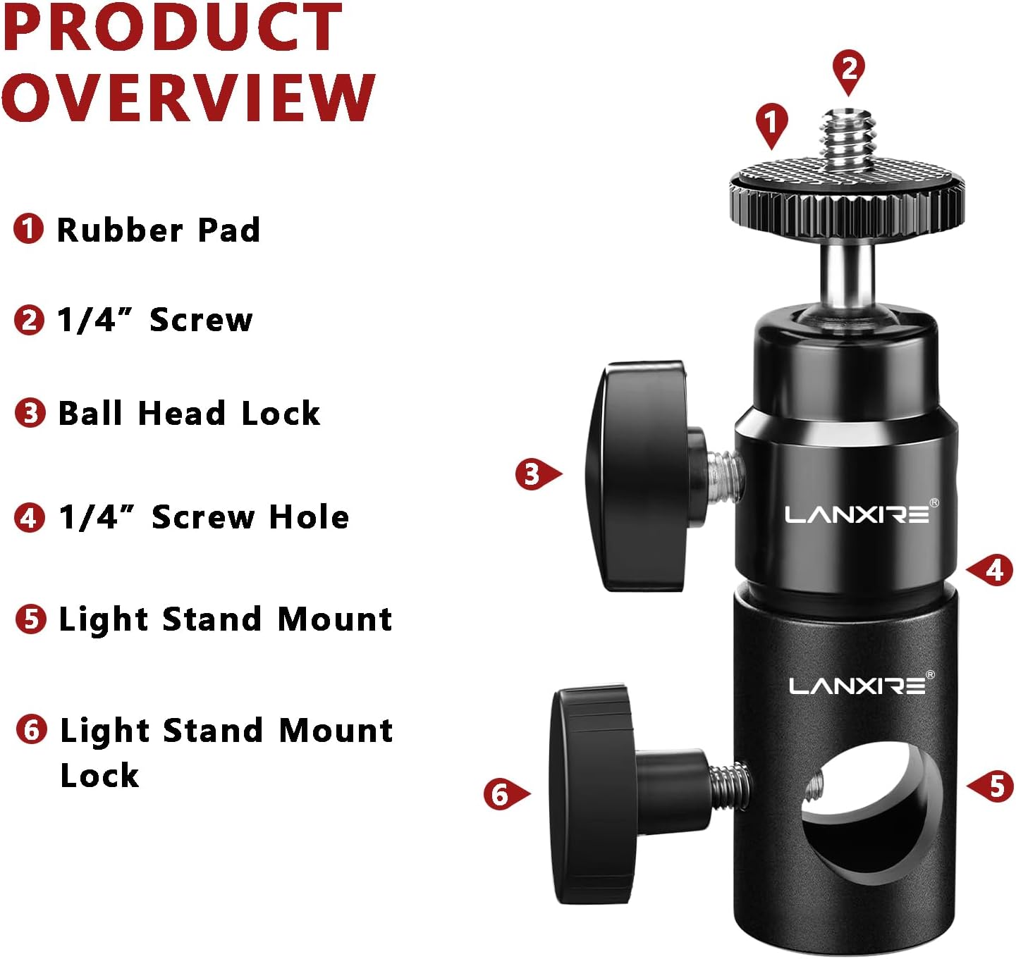 Adaptador de montaje de soporte de luz con mini cabezal de bola de tornillo de 14 pulgadas, compatible con monitor de cámara, luz de anillo, se