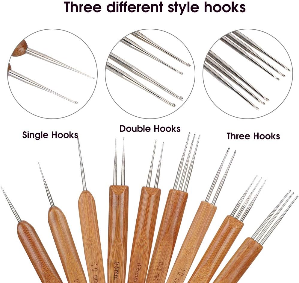Akozon Juego de herramientas para rastas, 9 piezas de gancho de ganchillo para rastas, kit de agujas de ganchillo para rastas individuales, doble 3