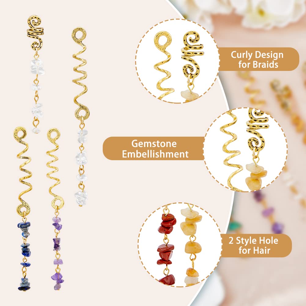 SUPERFINDINGS Pinza para el cabello, 14 piezas de 7 colores trenzas, joyería para el cabello con colgante de piedra natural, joyería de cristal en