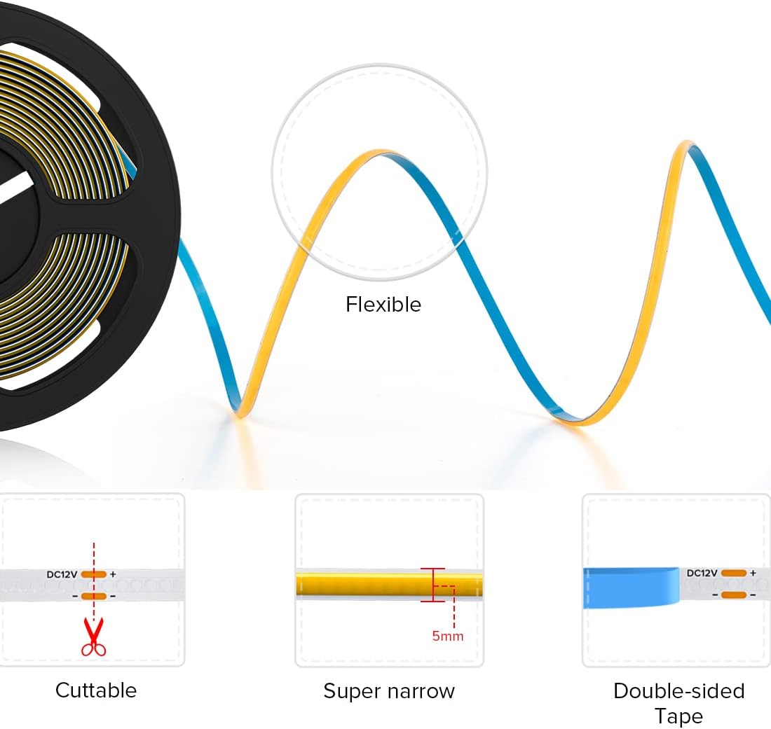 COB – Tira LED flexible de alta densidad de 6.56 pies, 480 LEDm, 0.197 in, sintonizable, 3000 K, CRI 90+, cinta de luz LED deformable regulable para