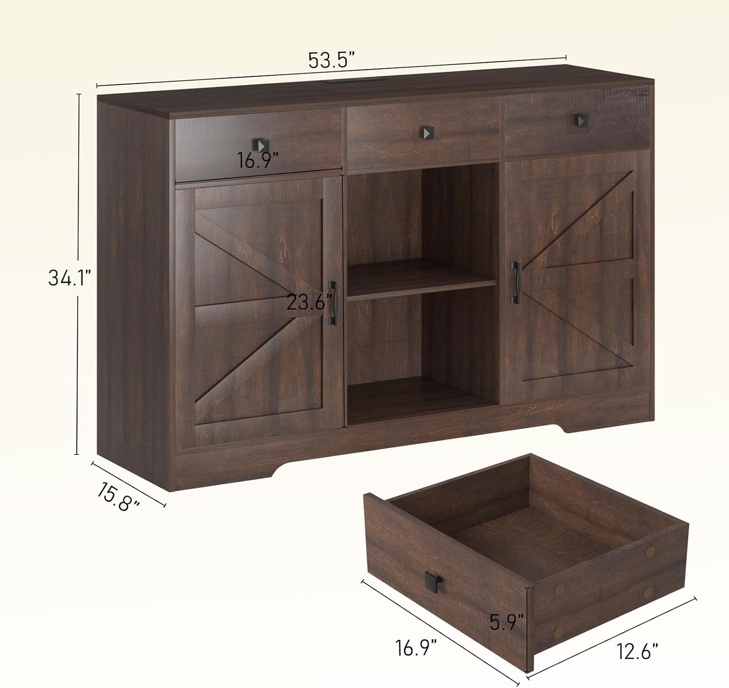 Armario de bar de café de granja, gabinete de almacenamiento de buffet de cocina de 54 pulgadas con puertas y cajones, aparador de granja, mesa de