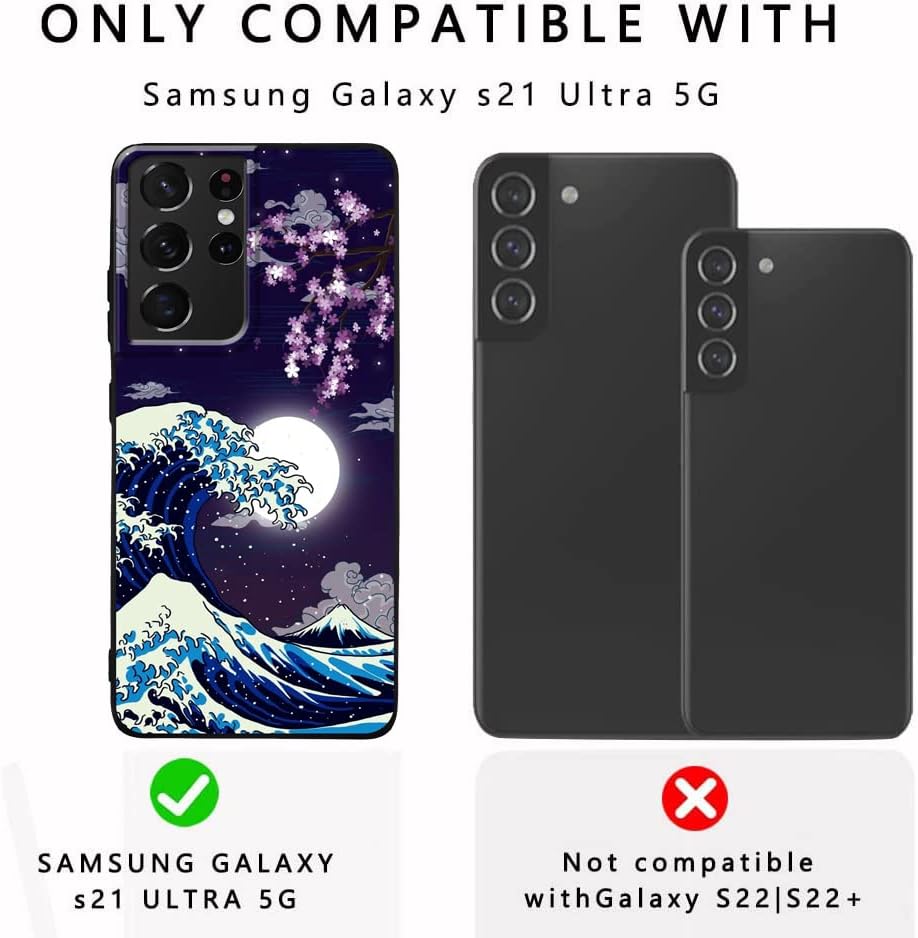 Funda compatible con Samsung Galaxy S21 Ultra, diseño de patrón estético japonés de flor de cerezo y luna, protección de cuerpo completo a prueba de