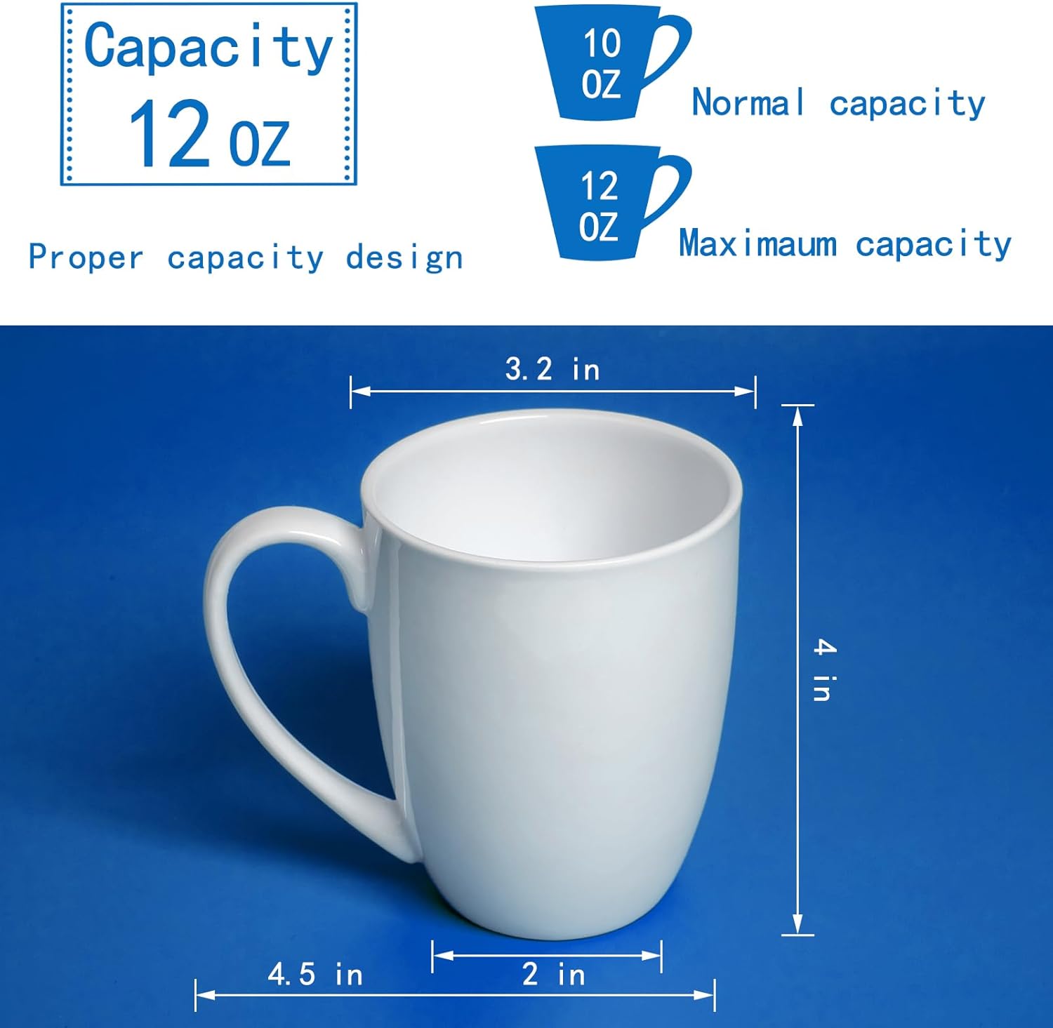 COSTMANCE Juego de 4 tazas de café de porcelana fina blanca, tazas de café blancas de 12 onzas, tazas de café elegantes y clásicas, tazas de té de