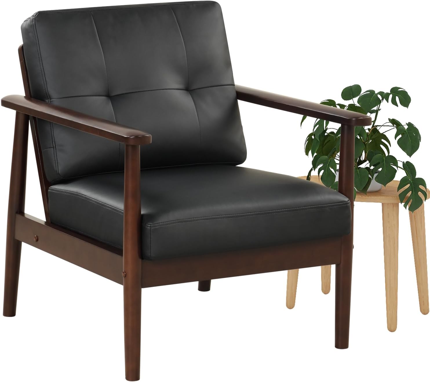 TYBOATLE Sillas decorativas retro modernas de mediados de siglo, sillón tapizado de piel sintética con marco de madera maciza y cojines extraíbles,