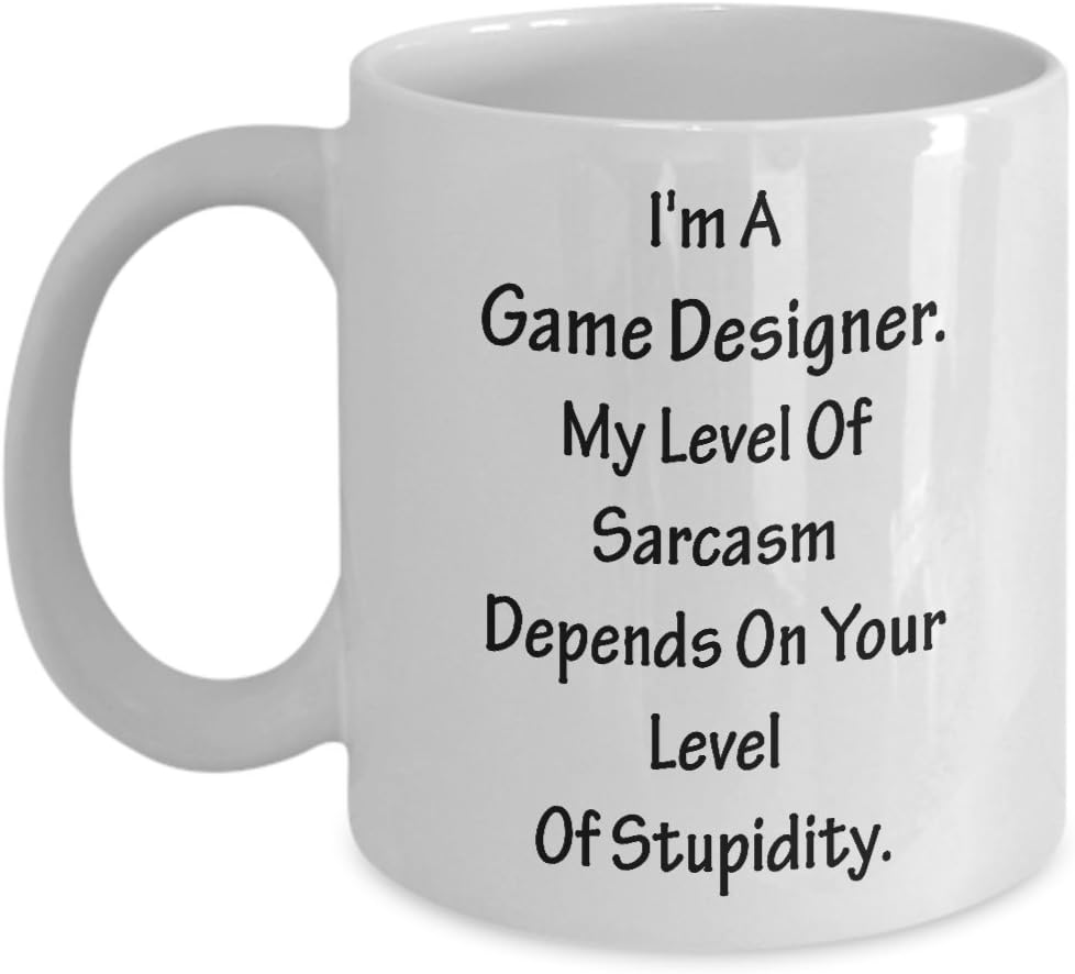 Regalo divertido para diseñador de juegos, mi nivel de Sarcasm Depends  Taza de videojuegos, taza de café, taza de té, diseño inspirador, diseño de