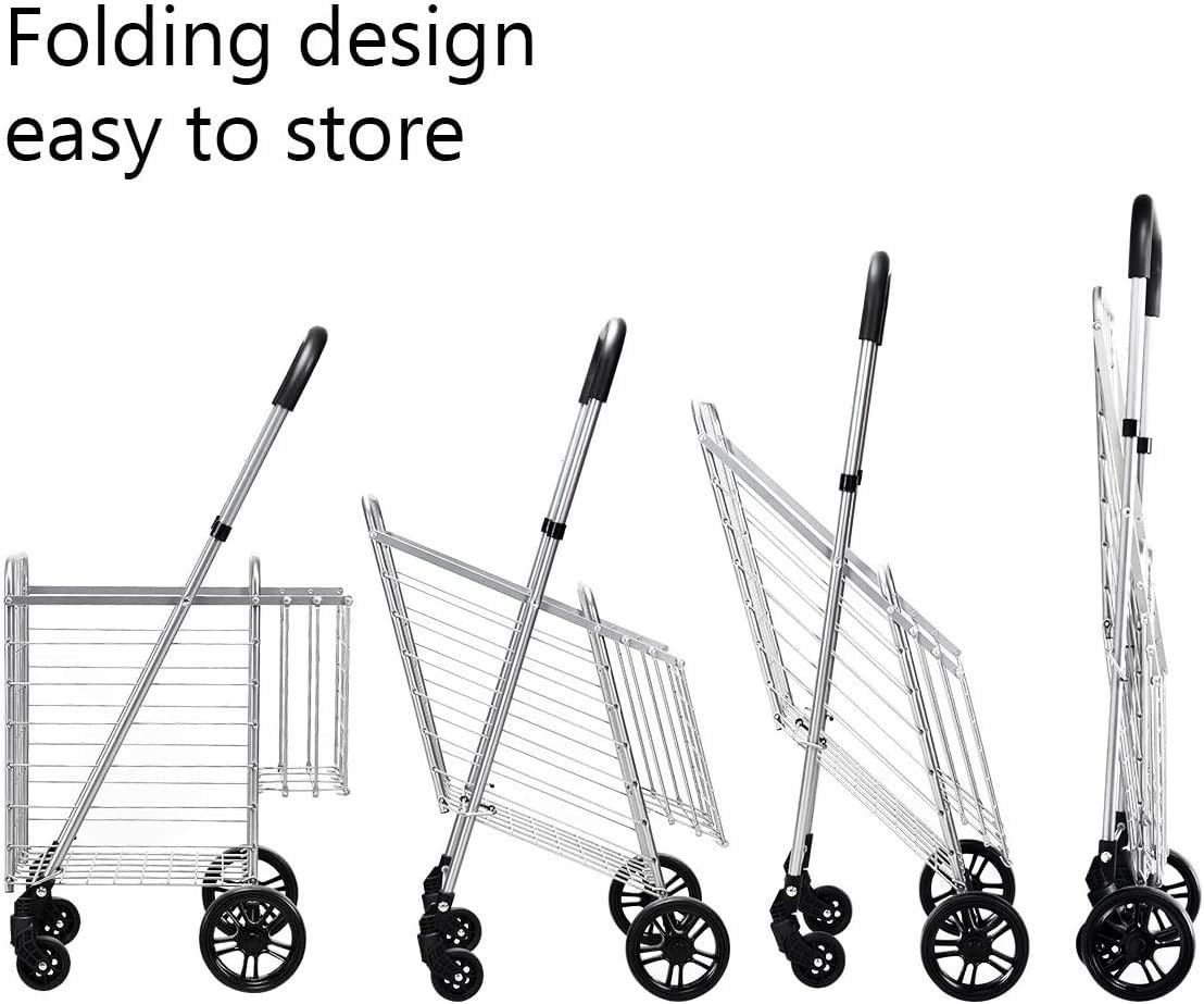 Carrito de compras plegable, carrito de supermercado de doble cesta con barra de mango ancho ajustable y ruedas giratorias, adecuado para libros de