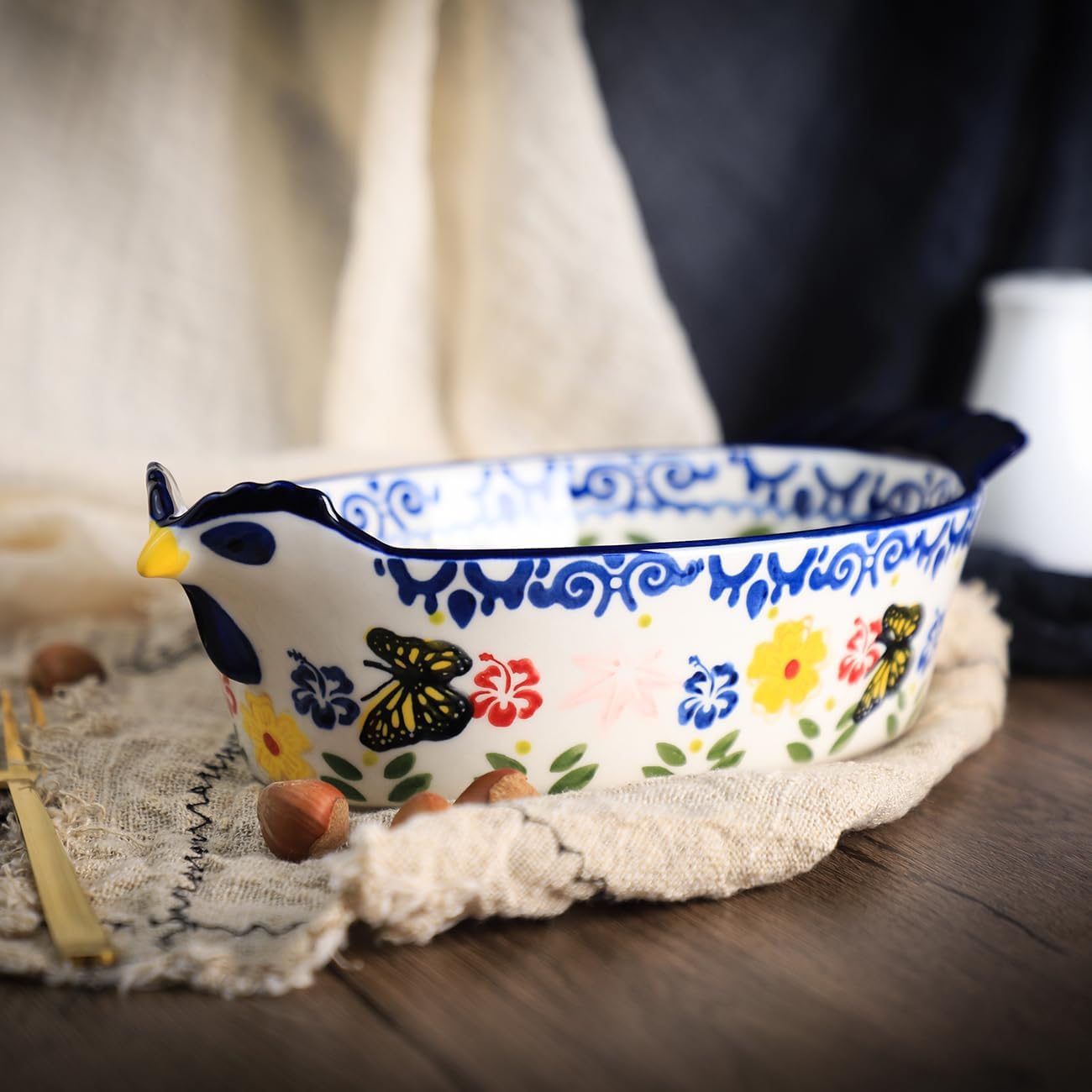 Molde vintage para tartas con diseño de mariposa y flores, utensilios de cerámica con forma de pollo, cacerola para hornear, moldes para lasaña,